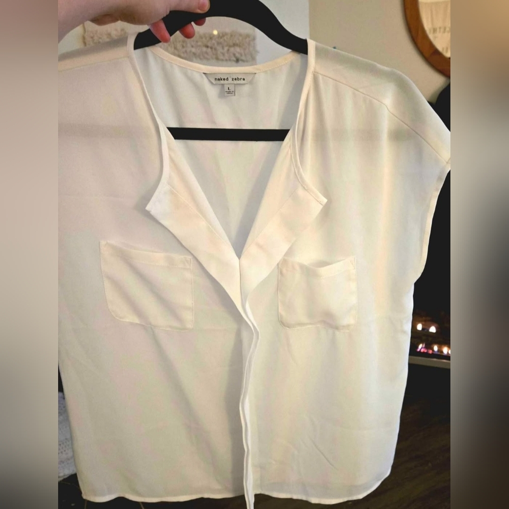 Naked Zebra Sheer White V-Neck Blouse with Front Pockets